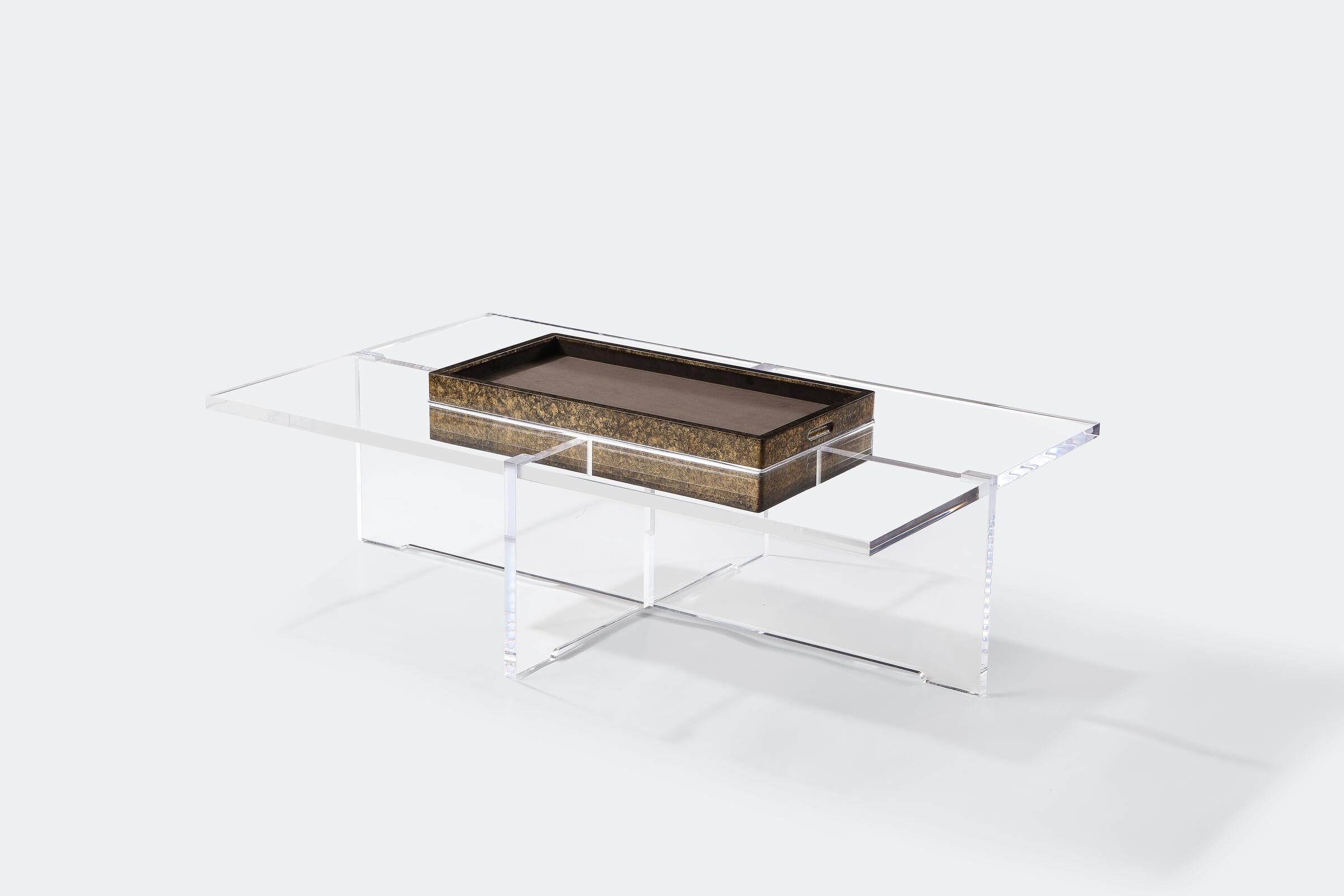 Bienenstock Coffee Table, Lucite, Gold Leaf Tortoise Shell, New Cotton: Antelope