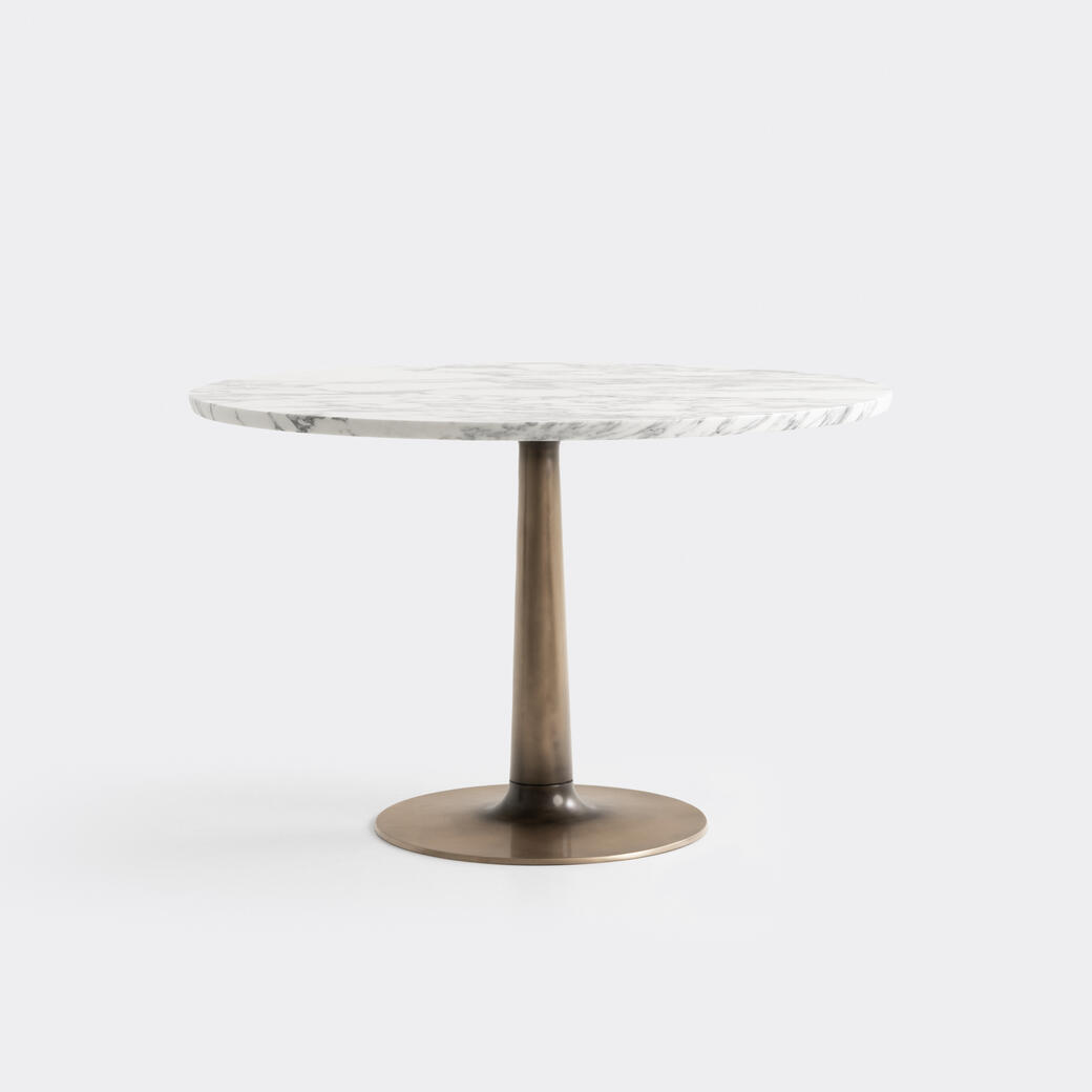 Martini Dining Table, 45in diameter, Monument Light Bronze Base, Arabescato Marble Top
