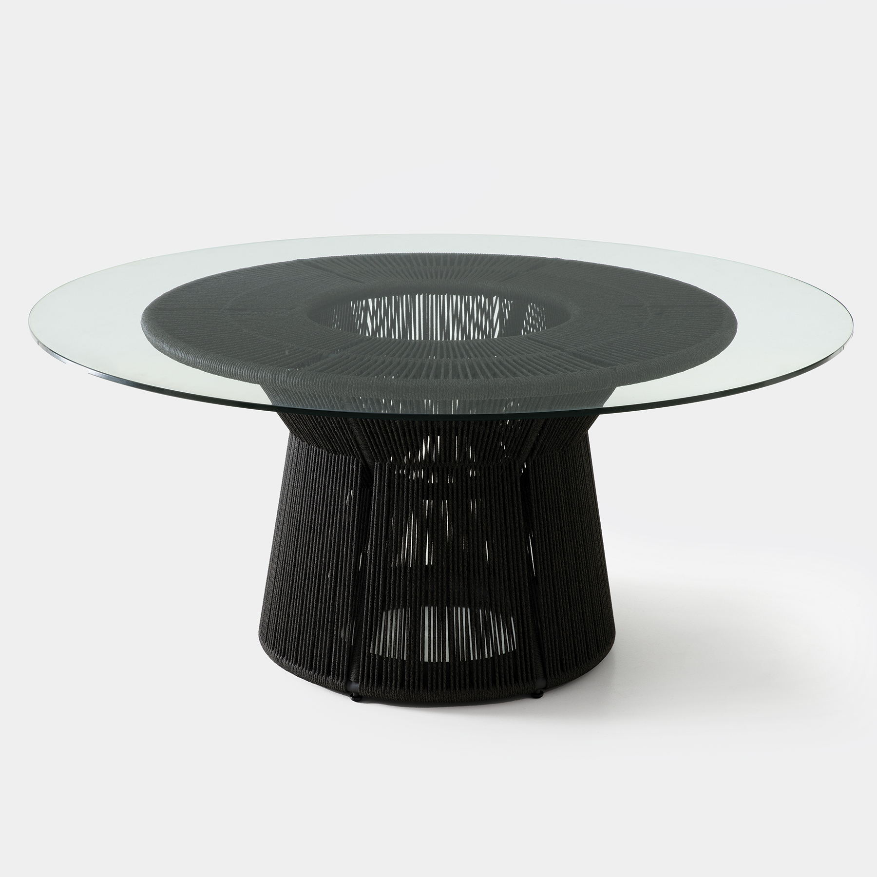 Acacia Dining Table, Raven Base, Clear Glass Top
