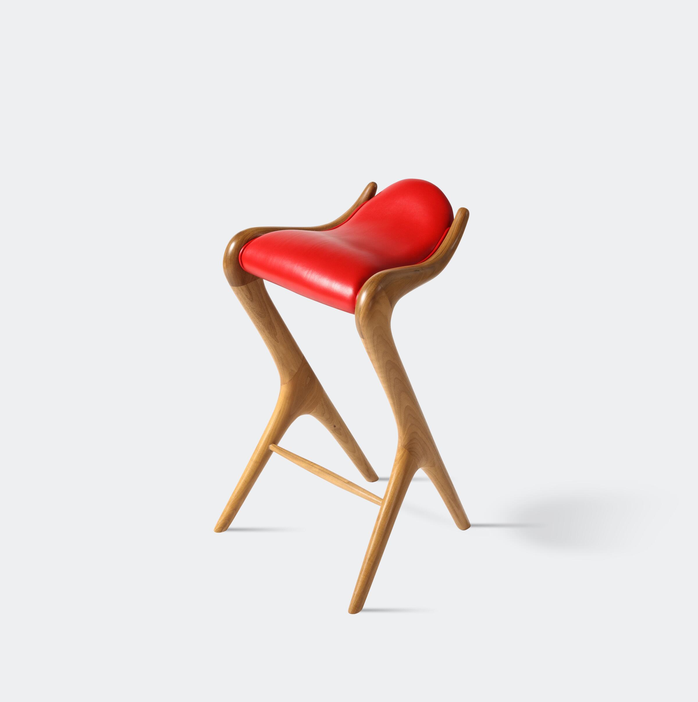 Sculpted Saddle Seat Barstool, Walnut Sand, Romeo: Red Lacquer