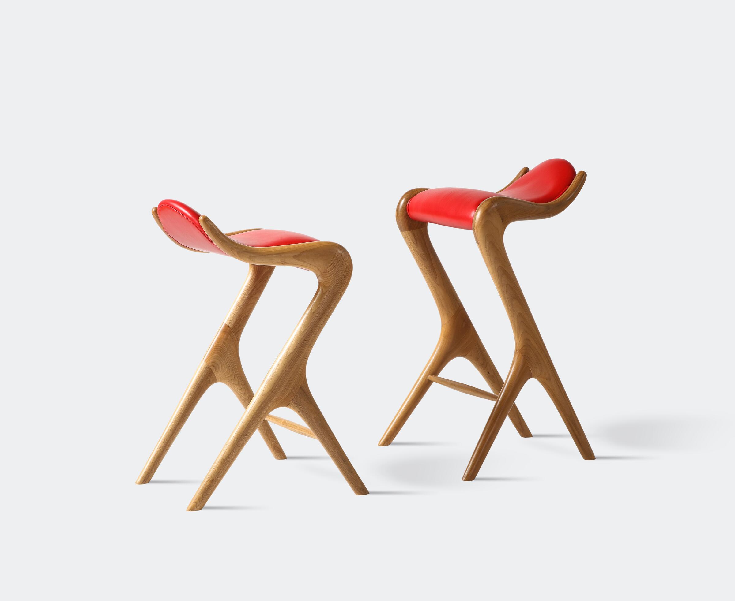 Sculpted Saddle Seat Barstool and Counterstool, Walnut Sand, Romeo: Red Lacquer