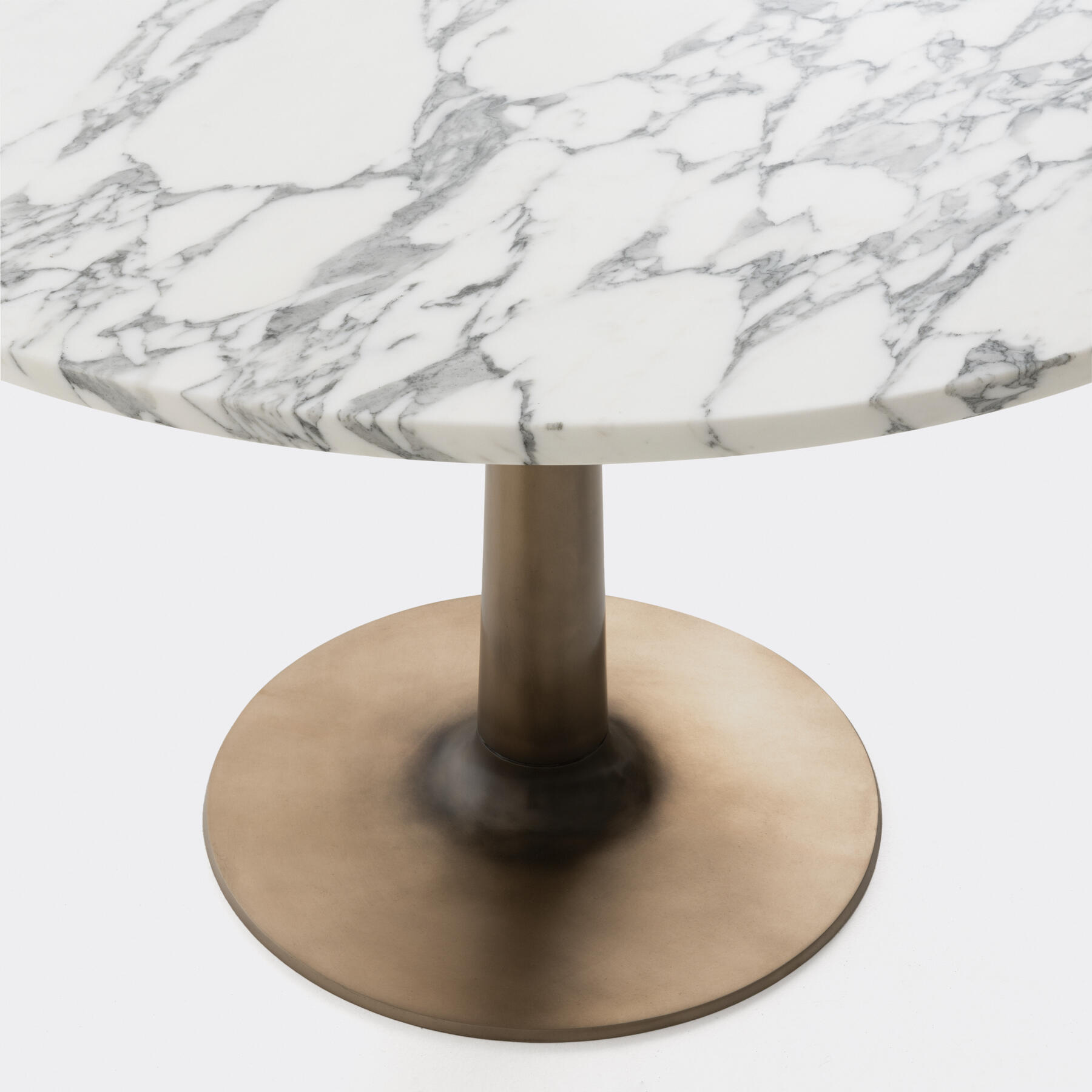 Martini Dining Table, 45in diameter, Monument Light Bronze Base, Arabescato Marble Top