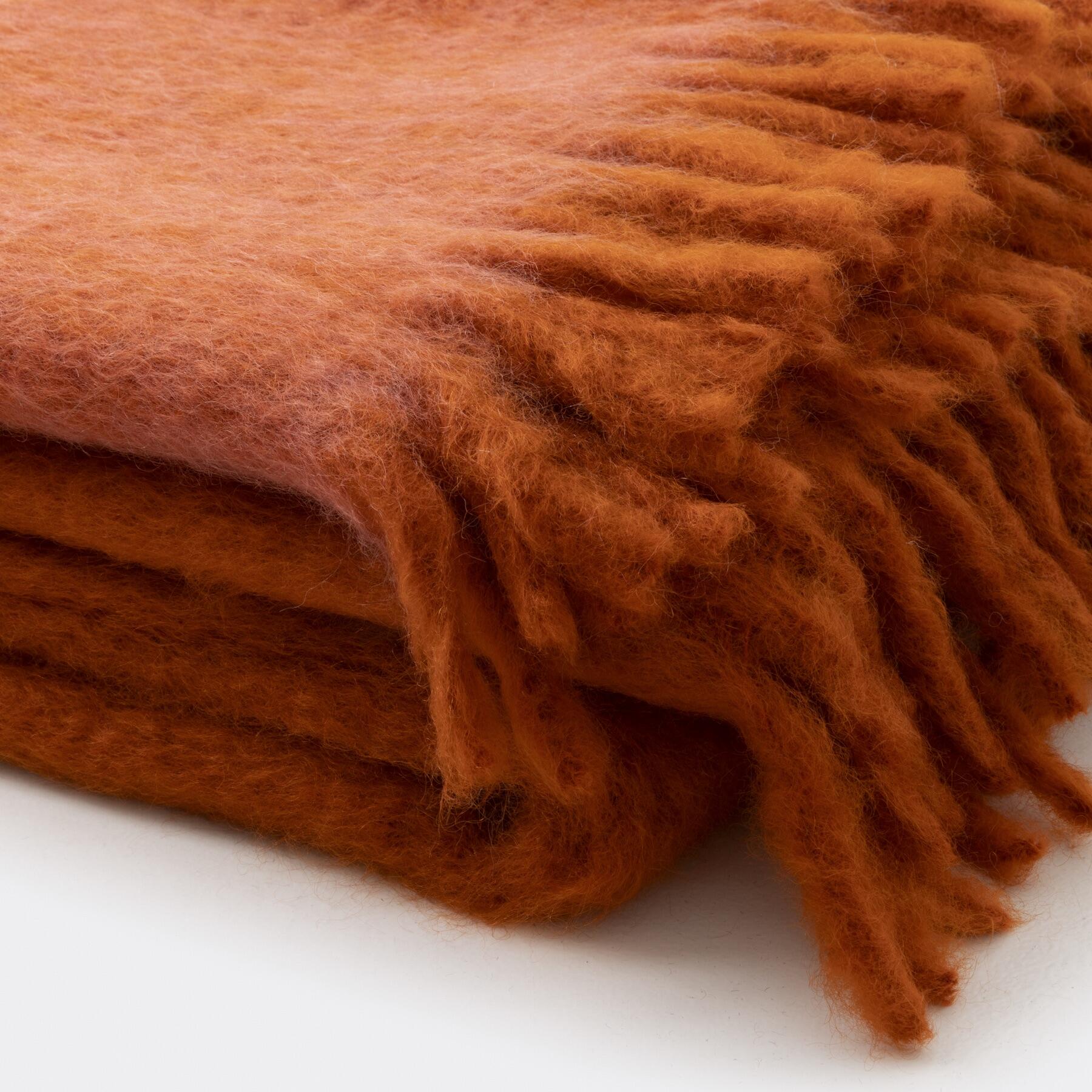 Mohair And Wool Throw, Suede Stitching, Orange