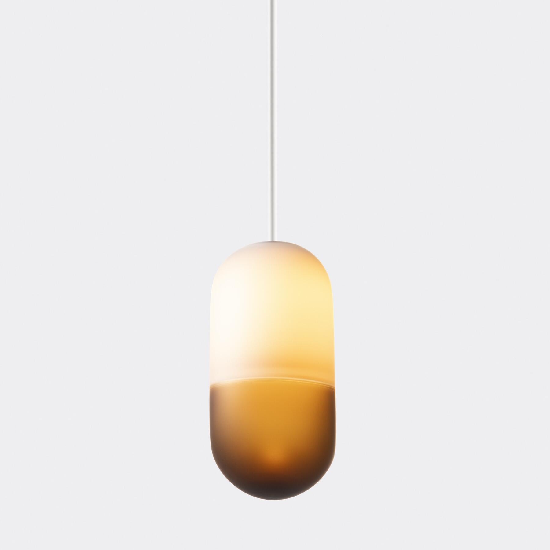 Pilule Satin Pendant, Blanc Lacquer, Satin Java and Old Gold Glass