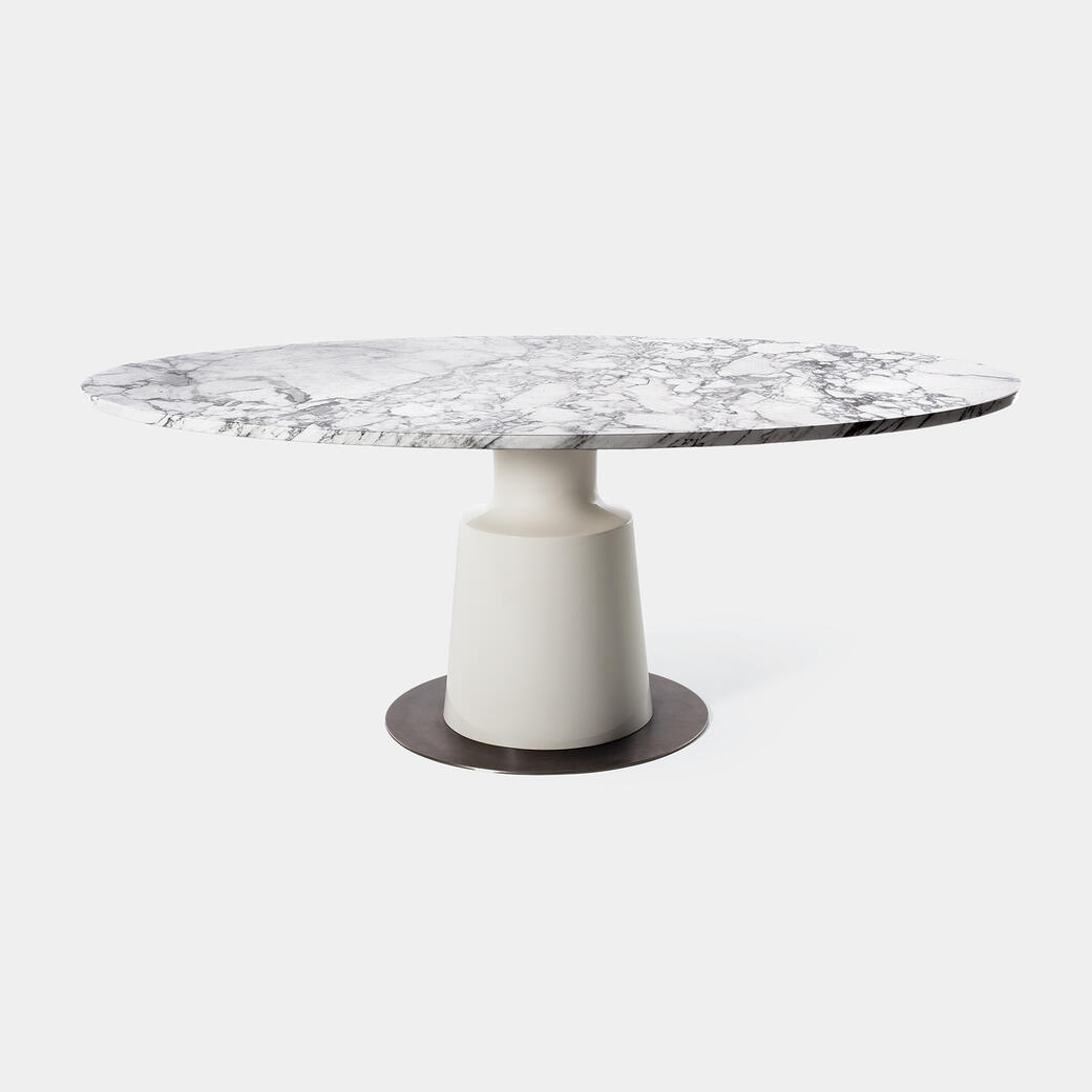 Peso Dining Table Stone Lacquer Base, Oval Arabescato Honed Stone