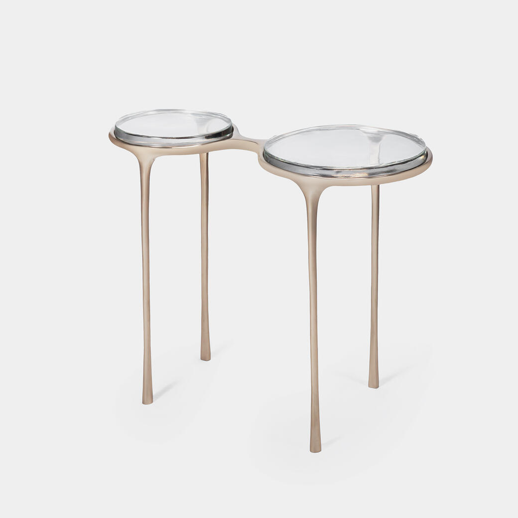 Spectacles Side Table Polished Bronze Base, Clear Cast Glass Top