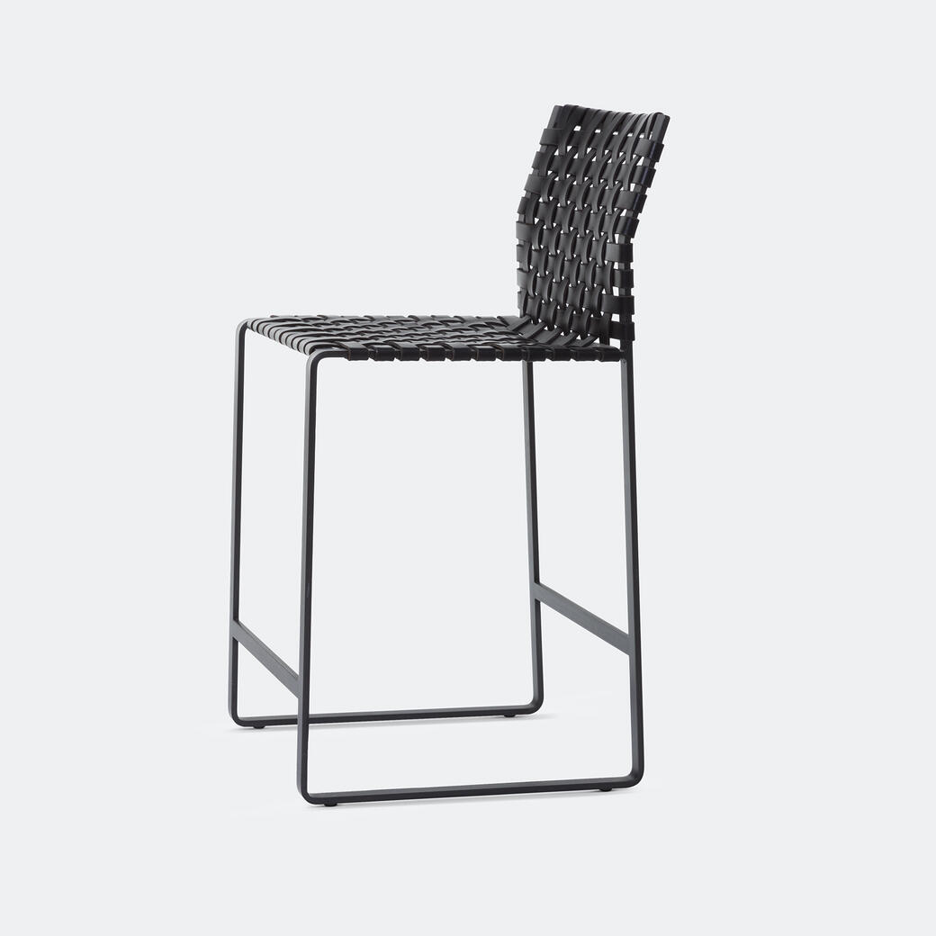 High Woven Back Counter Stool Black Steel with Dar Black Steel with Dark Brown Leather