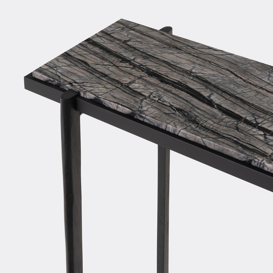 Lark Console, Hand Forged Iron Base, Silver Wave Stone Top