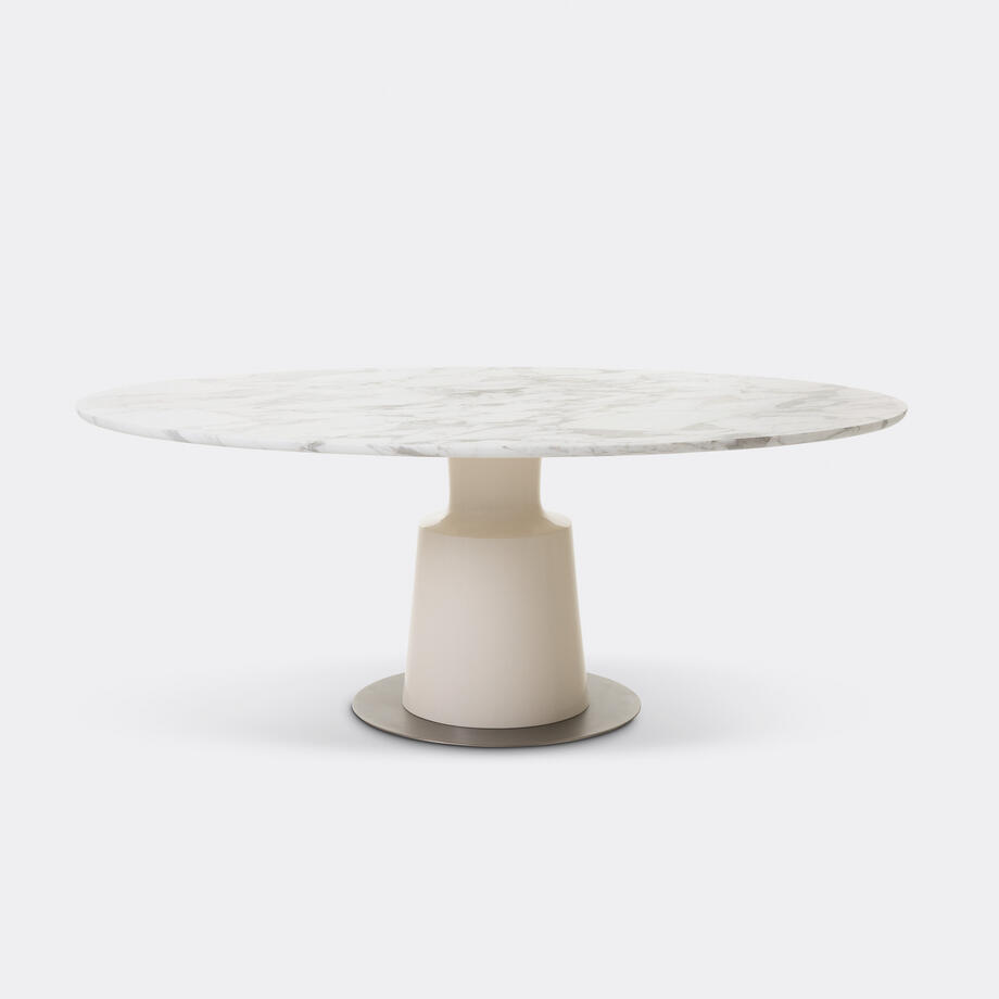 Peso Dining Table, Stone Lacquer Base, Oval Arabescato Honed Stone