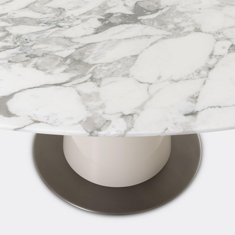 Peso Dining Table, Stone Lacquer Base, Oval Arabescato Honed Stone