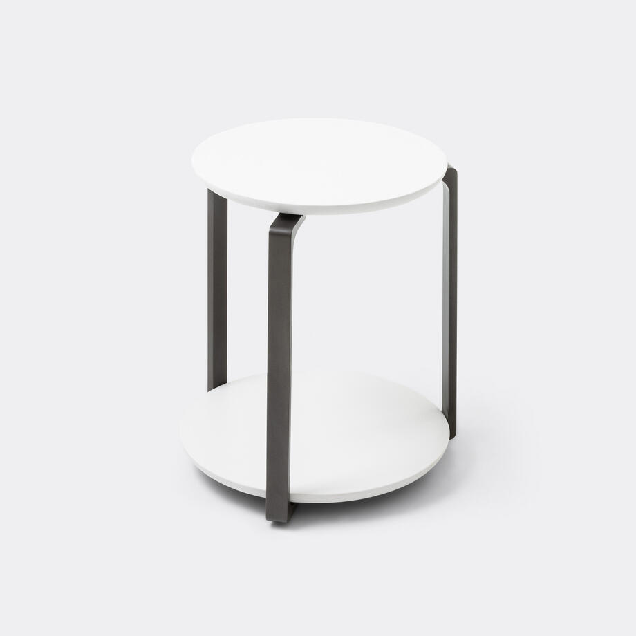 Plankton Round Side Table, Pure White Stone Top, Basalt Frame, Size 2
