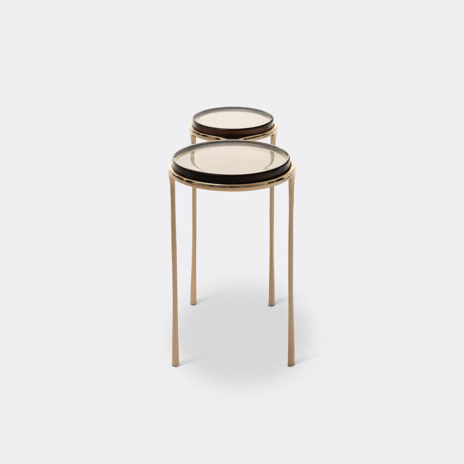 Spectacles Side Table, Polished Bronze, Fog