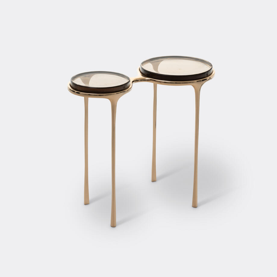 Spectacles Side Table, Polished Bronze, Fog