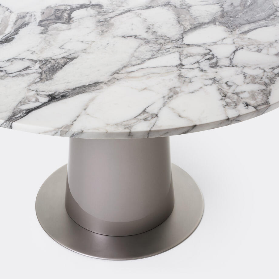 Peso Dining Table, Pewter Lacquer Base, Arabescato Honed Stone
