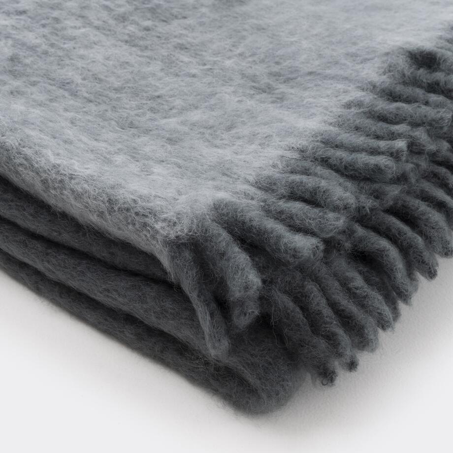 Mohair and Wool Throw with Suede Details, Sea Grey