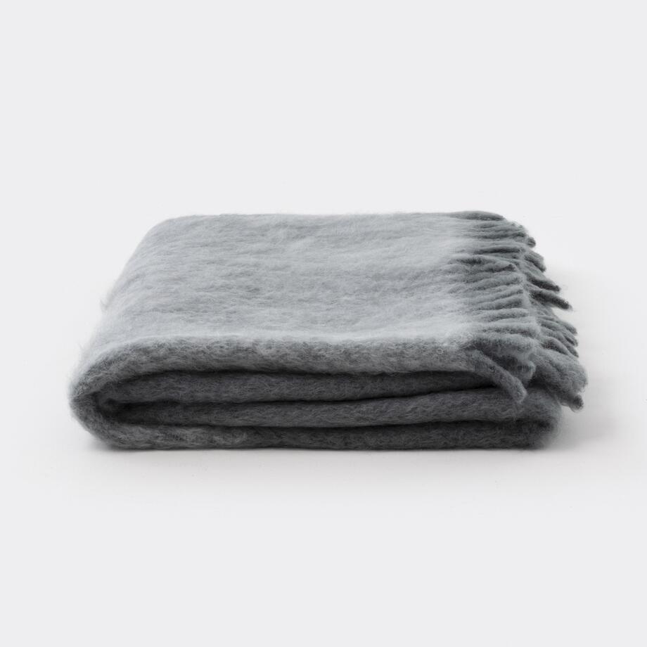 Mohair and Wool Throw with Suede Details, Sea Grey