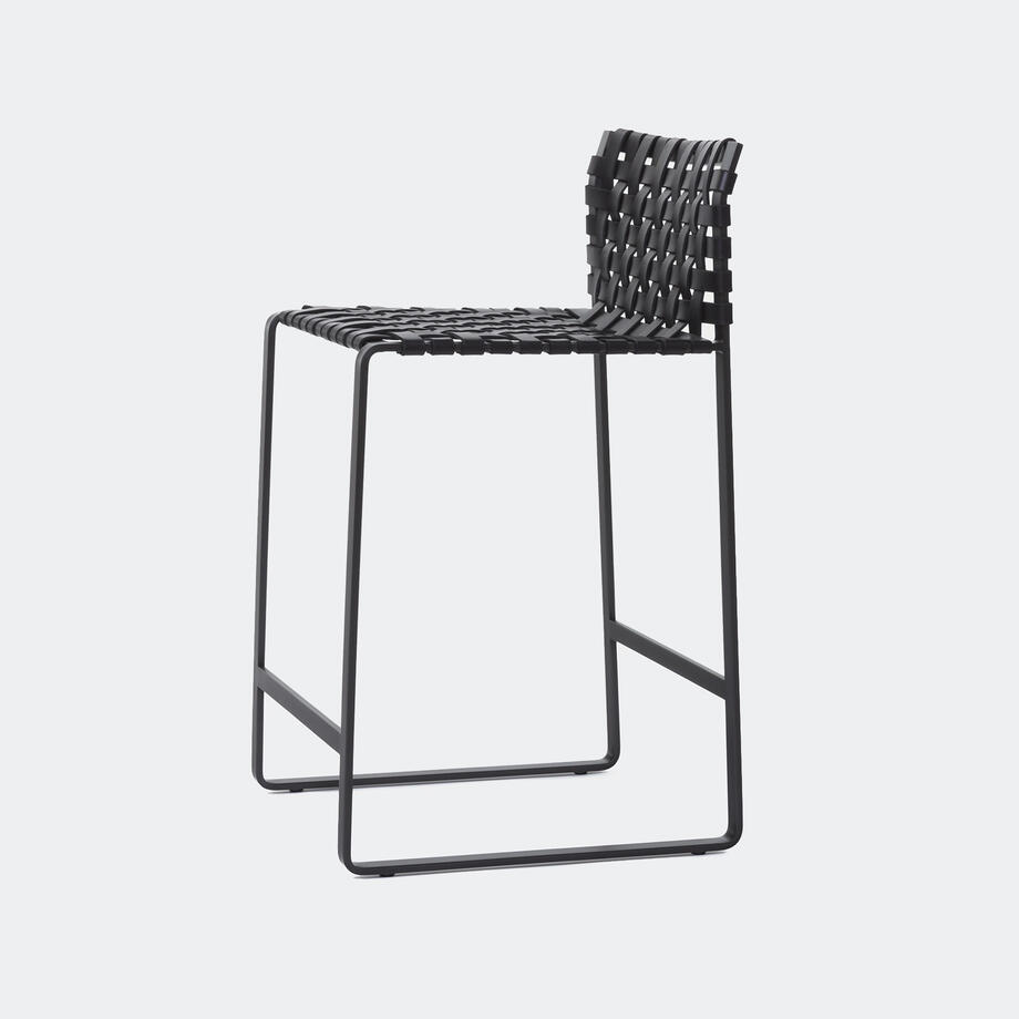 Low Woven Back Counter Stool, Black Steel, Black Leather