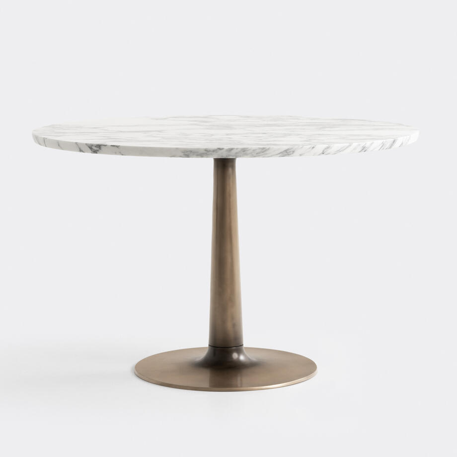 Martini Dining Table, 45in, Monument Light Cast Bronze Base, Arabescato Marble Top