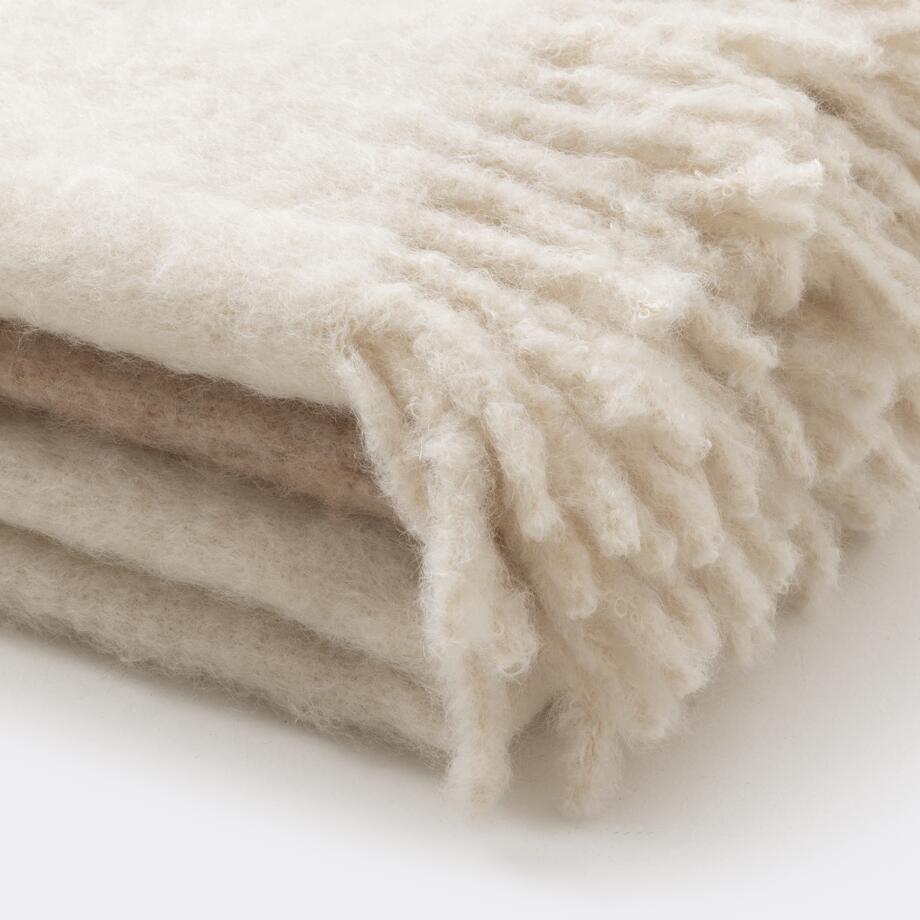 Mohair And Wool Throw, Suede Stitching, Cream