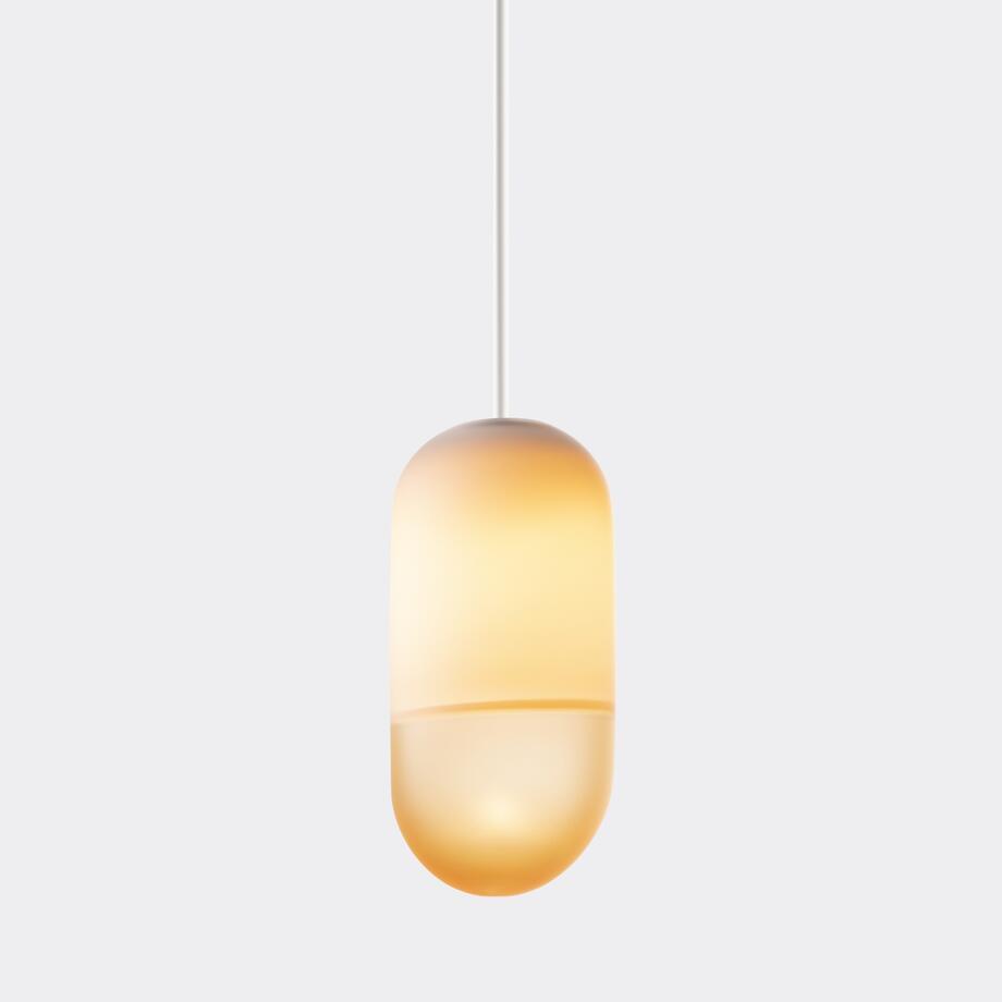 Pilule Satin Pendant, Blanc Lacquer, Satin Java and Whiskey Glass