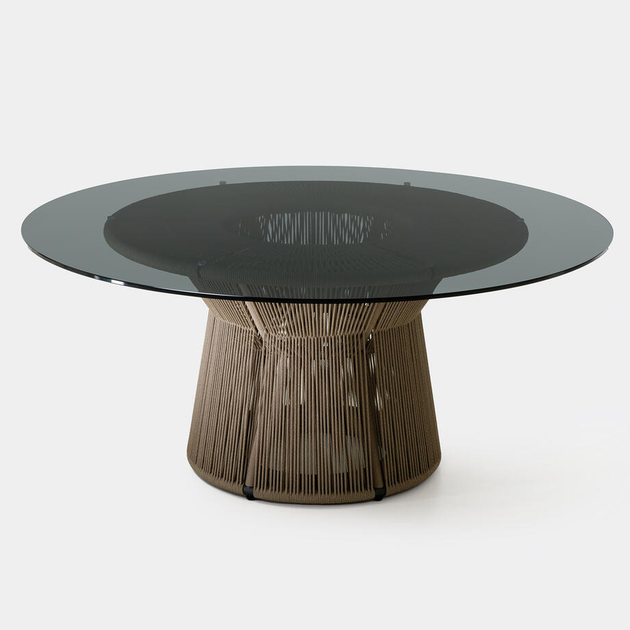 Acacia Dining Table, Fawn Base, Smoked Glass Top