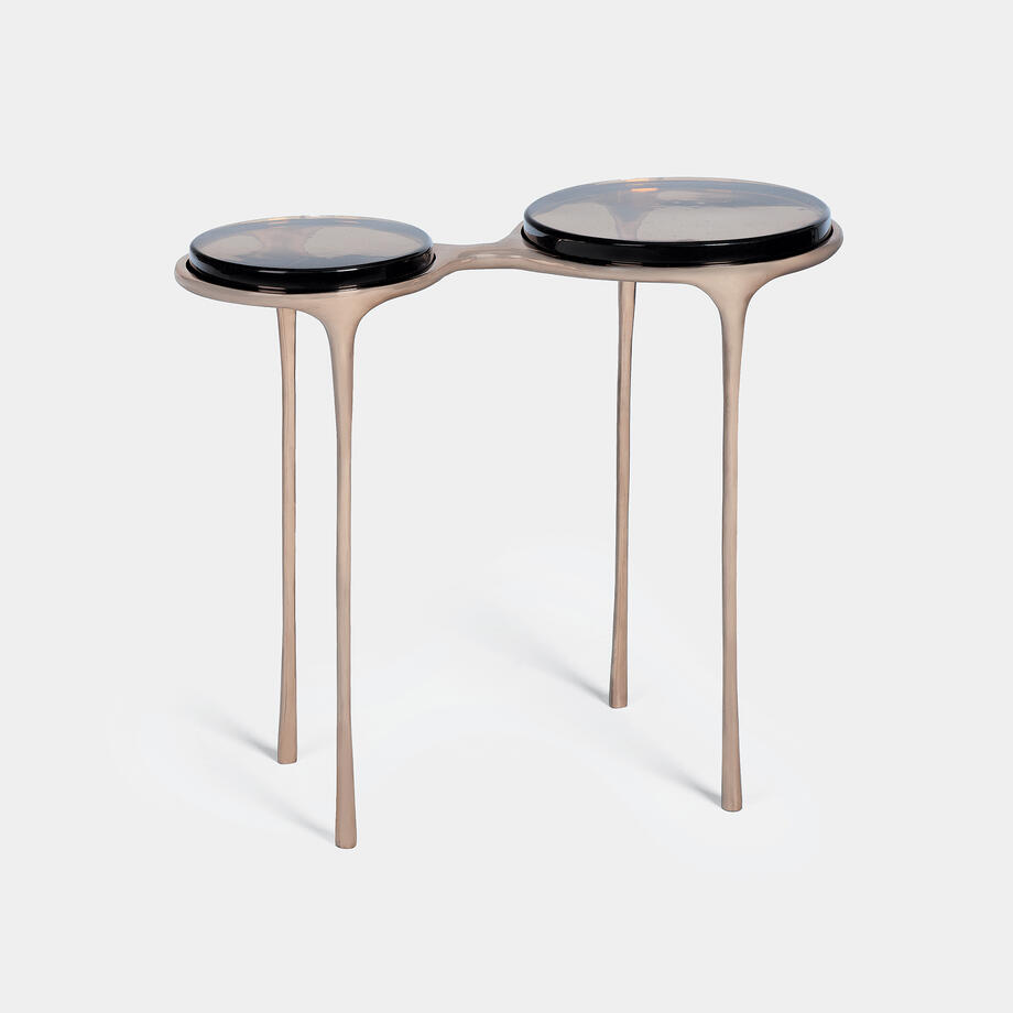 Spectacles Side Table Polished Bronze Base, Flint Cast Glass Top